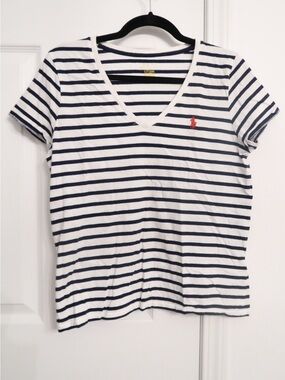 Polo by Ralph Lauren White Navy Striped V-Neck Tee with Red Pony Women size L